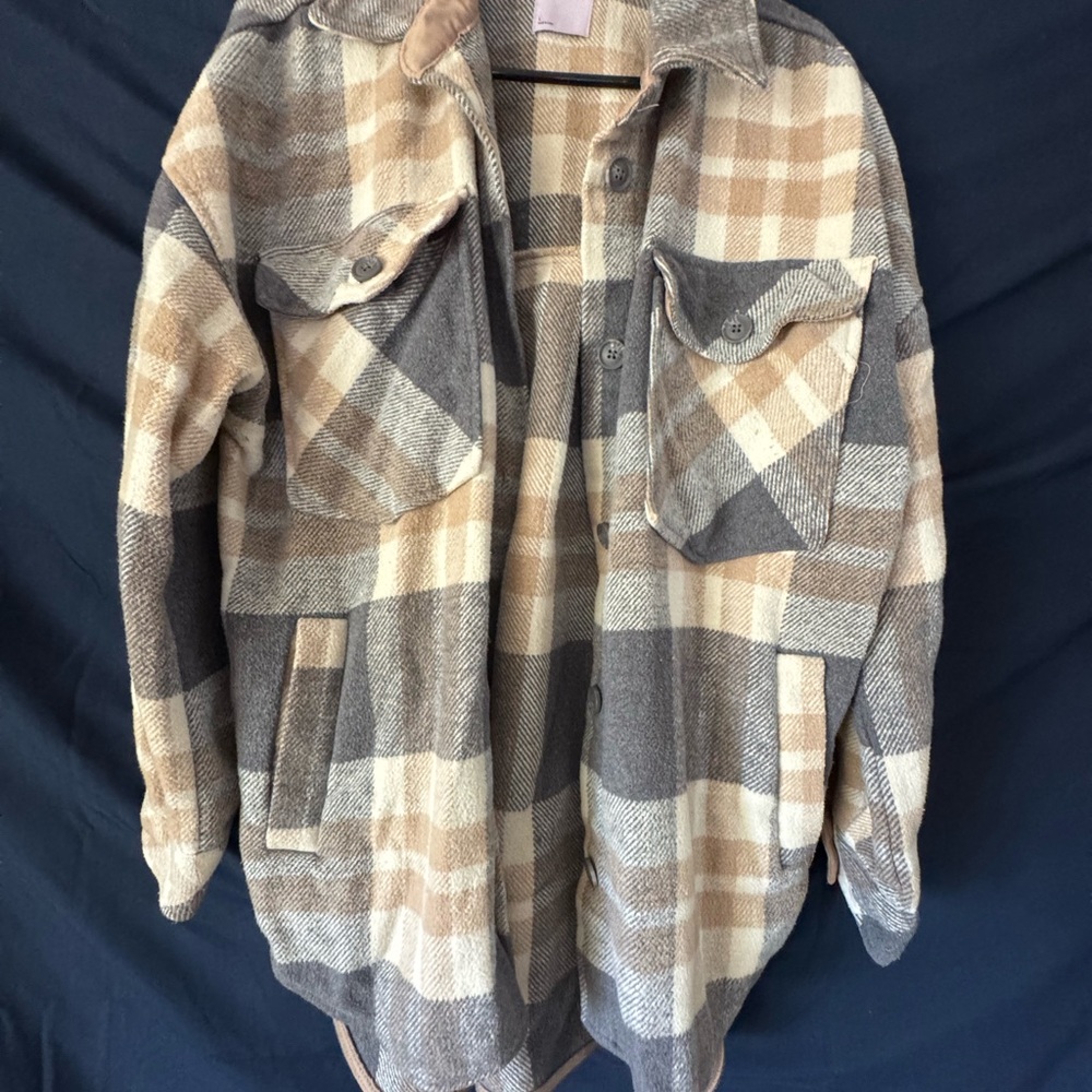 SO Plaid Shacket in Beige and Gray Tones